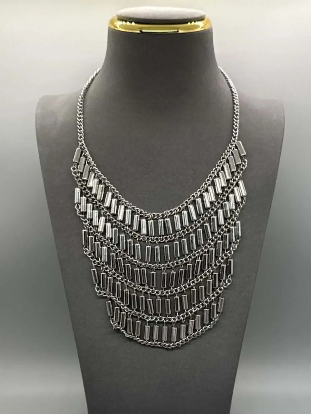 Silver Tone Multi-strand Tube Bar Statement Bib Necklace Layered Y2K Goth